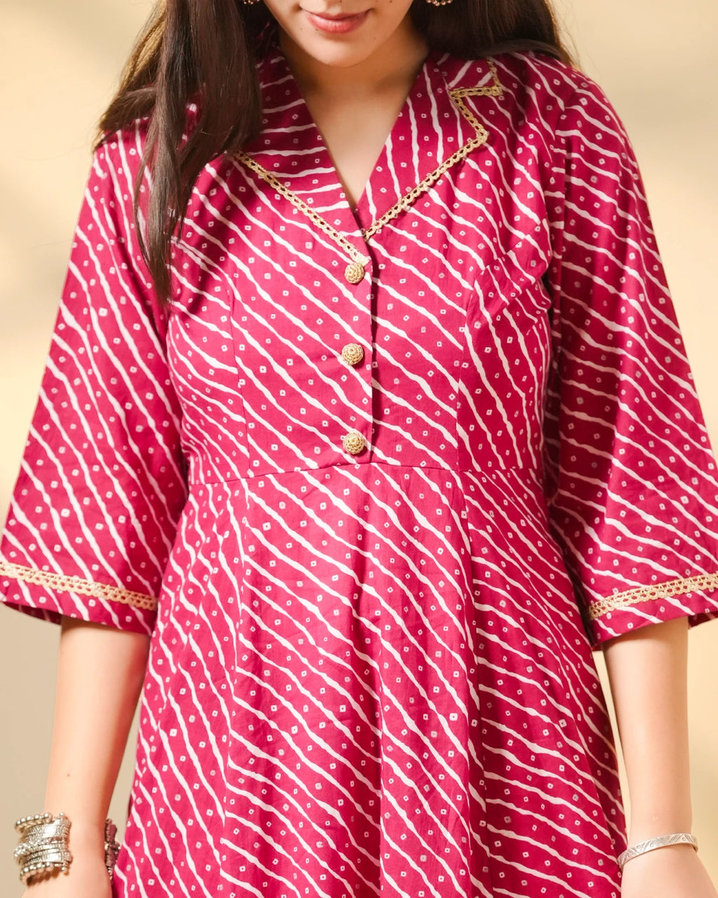 Pure Cotton Leheriya Kurti – Pink Serenade