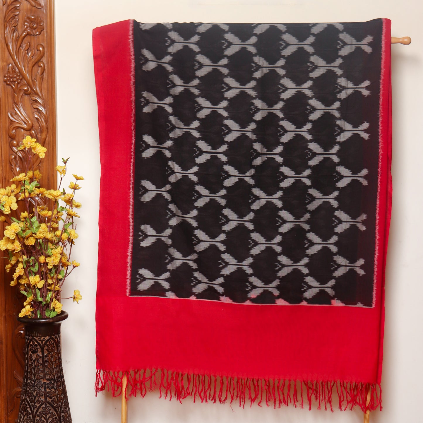 Red and Black Pochampally Ikat Cotton Dupatta with Tassels