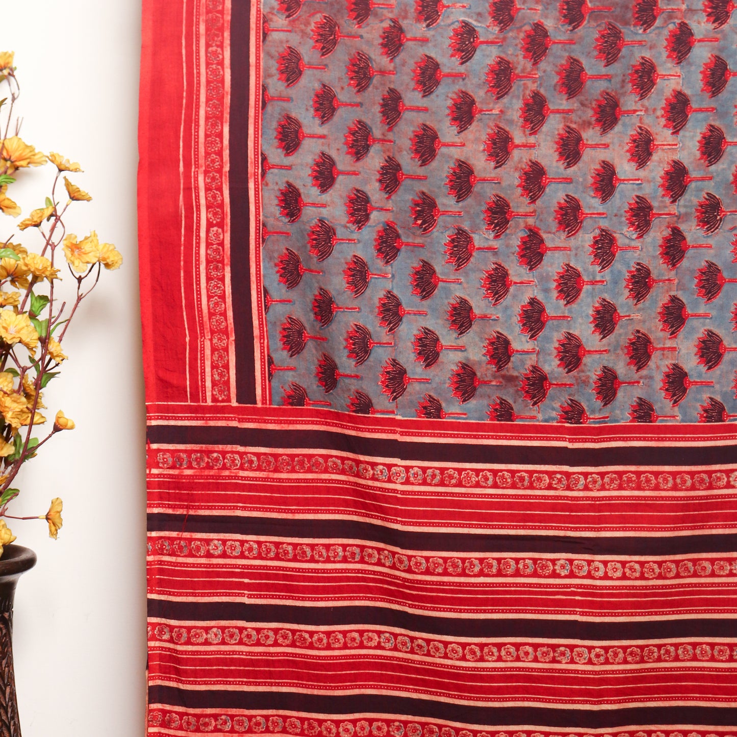 Floral Ajrakh Hand Block Printed Cotton Dupatta with Tassels