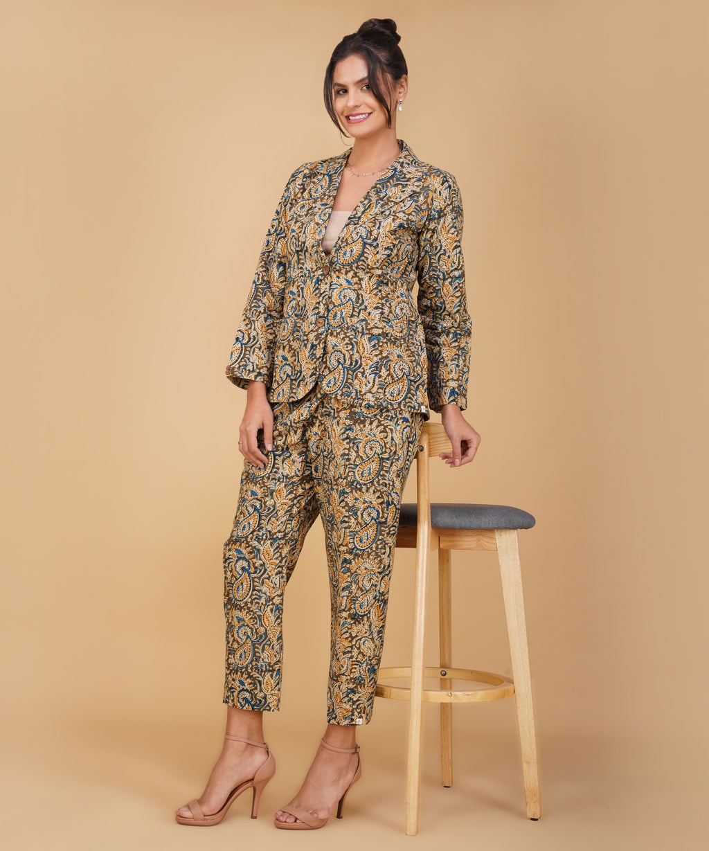 Azure Gold Paisley Kalamkari Blazer Set