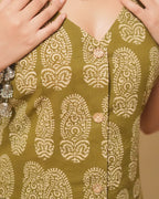 Pure Cotton Block print - Khaki Olive