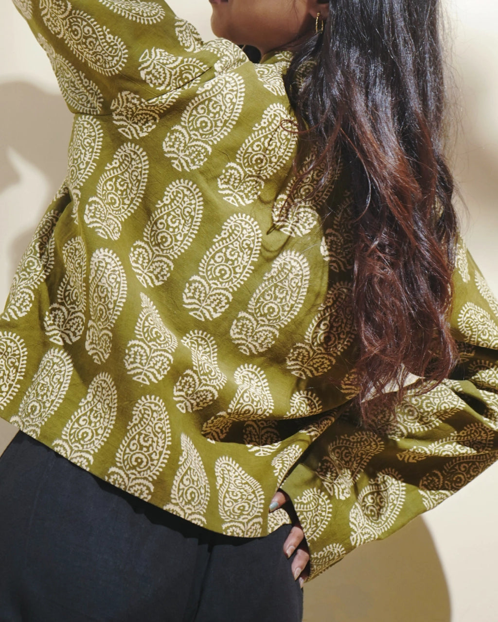 Pure Cotton Block Print Shrug With Elegant Mandarin Neck - Sagewood Moss