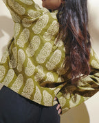 Pure Cotton Block Print Shrug With Elegant Mandarin Neck - Sagewood Moss