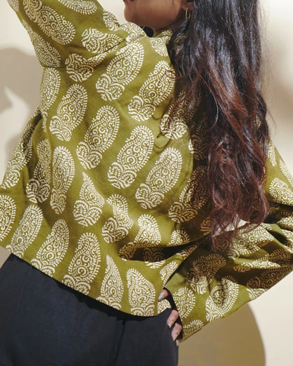 Pure Cotton Block Print Blazer With Elegant Mandarin Neck - Sagewood Moss