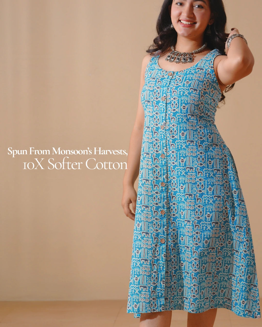 Pure Cotton Worli Art Midi Dress with Pockets - Blue Mirage
