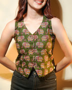 Pure Cotton Block print Indie Vest (Sleeveless) - Olive Haze
