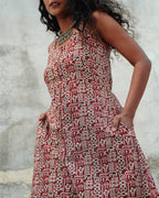 Pure Cotton Worli Art Midi Dress with Pockets - Burnt Sienna Red