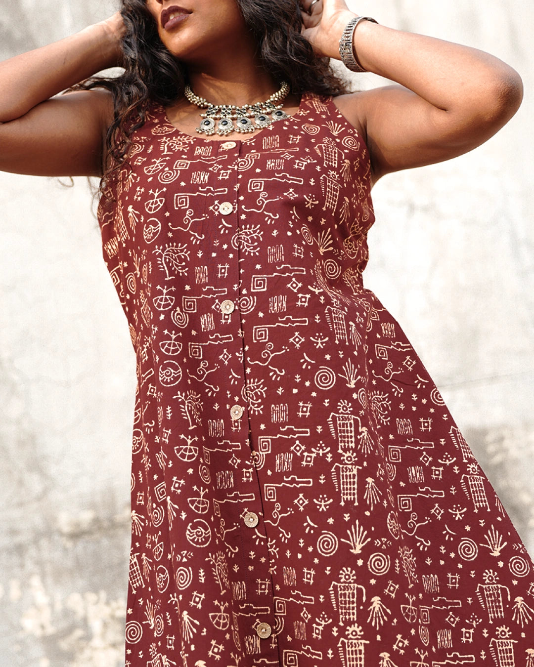 Pure Cotton Worli Art Midi Dress with Pockets - Terracotta Rouge