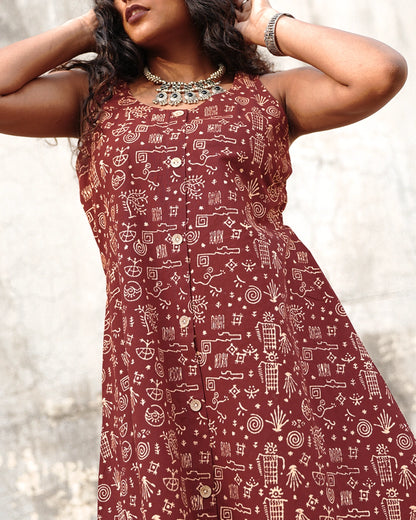Pure Cotton Worli Art Midi Dress with Pockets - Terracotta Rouge