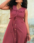 Vintage Kantha Cotton A-Line Dress with Tie-Up Bow - Rusted Garnet