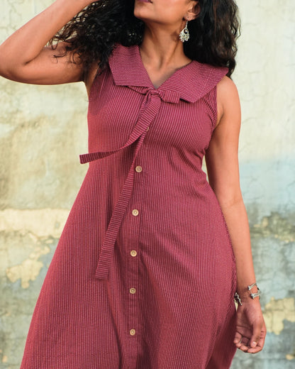 Vintage Kantha Cotton A-Line Dress with Tie-Up Bow - Rusted Garnet