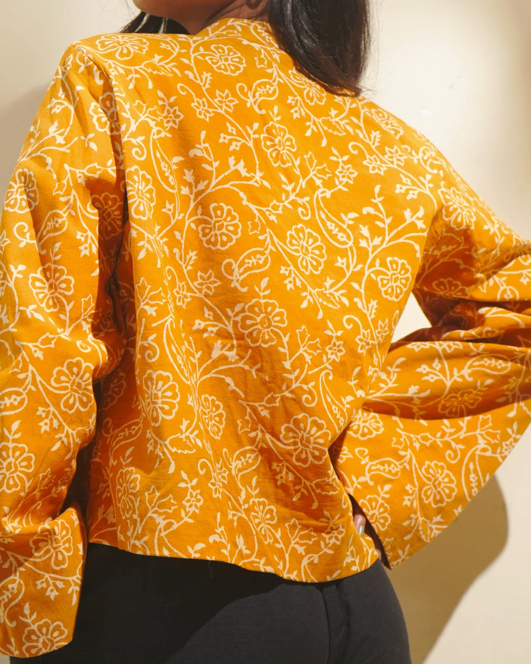 Sun-Kissed Mustard Block Print Cotton Blazer with Mandarin Neckline - Sunlit Orchid