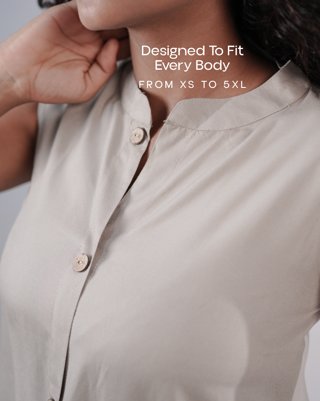 Two-Tone Solid Cotton A-Line Dress with Mandarin Collar - Smoky Taupe