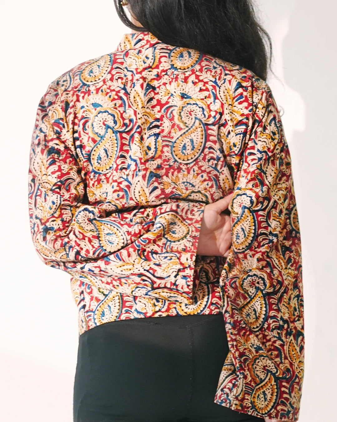 Regal Kalamkari Cotton Blazer Jacket with Mandarin Neck - Sundown Clay