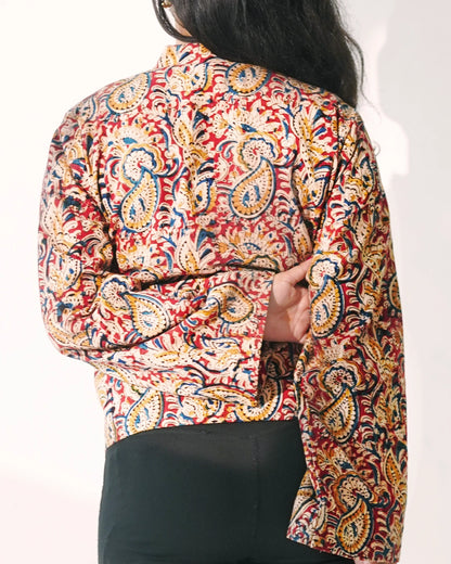 Regal Kalamkari Cotton Blazer Jacket with Mandarin Neck - Sundown Clay