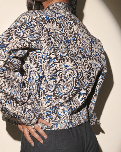 Indie-Chic Kalamkari Cotton Blazer with Mandarin Neckline - Ink and Ivory