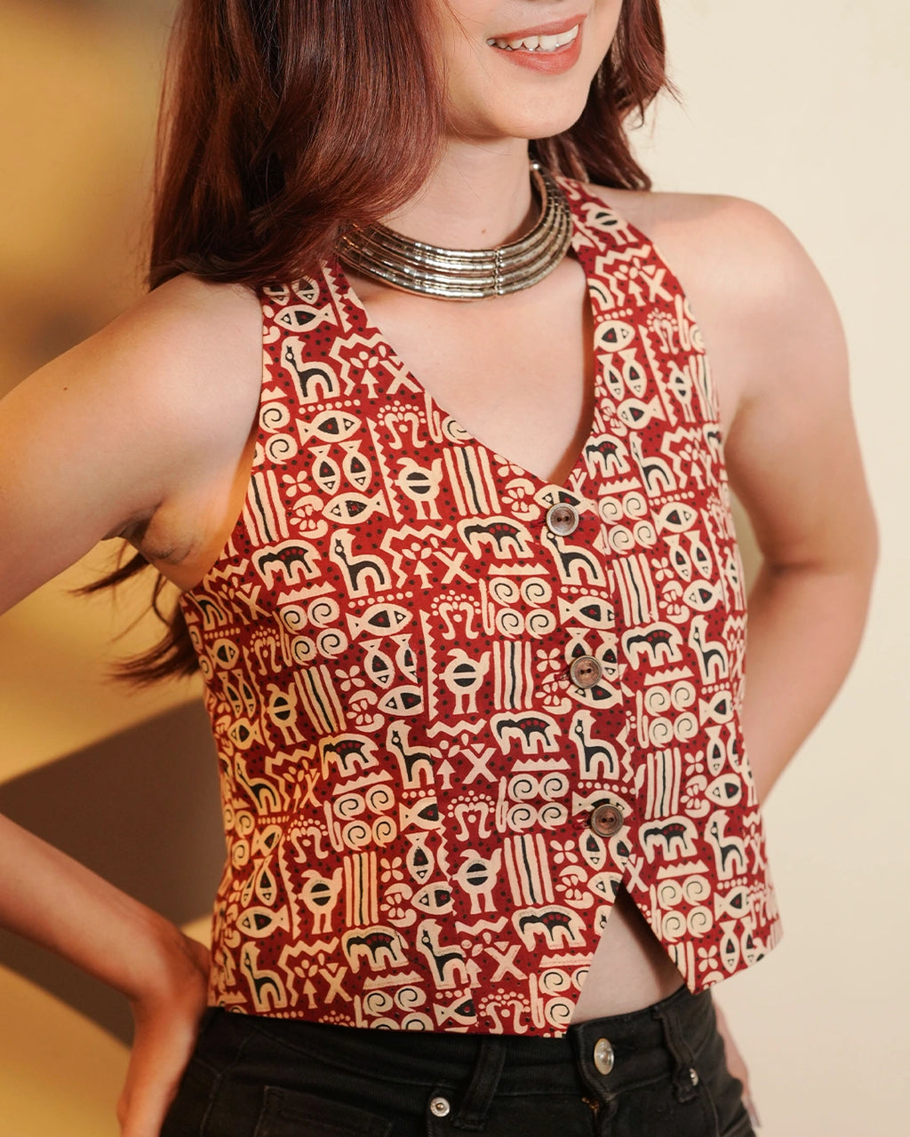 Pure Cotton Worli Art Indie Vest - Terracotta Red
