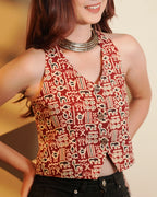 Pure Cotton Worli Art Indie Vest - Terracotta Red