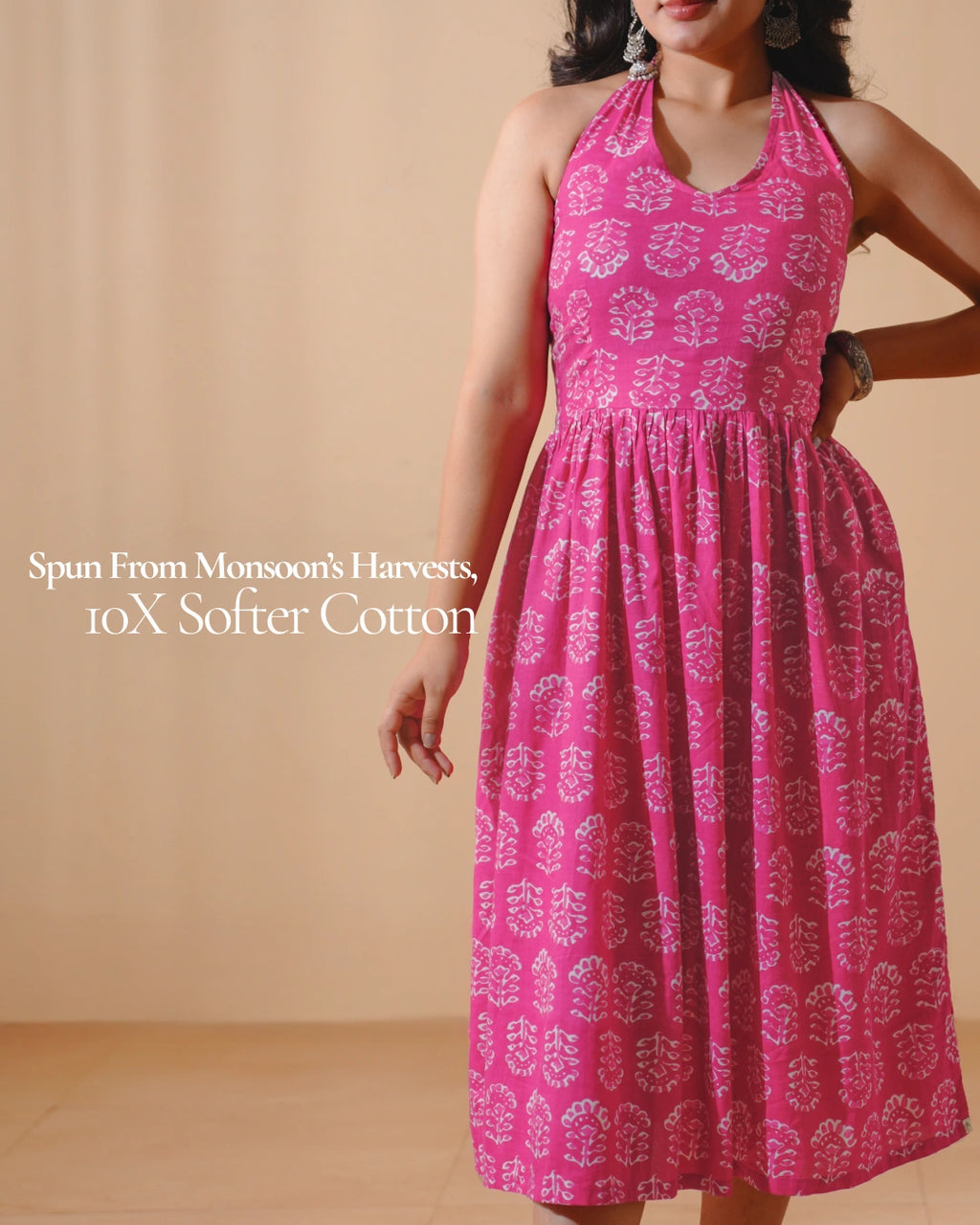 Pure Cotton Halter Flared Dress- Mystic Magenta