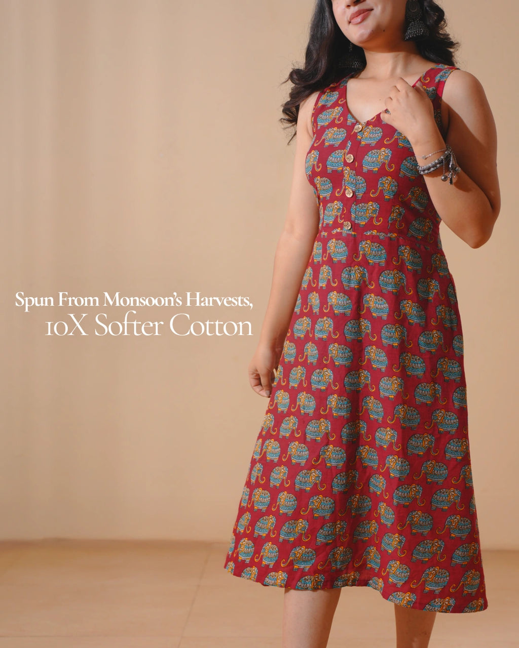 Jaipur Parade Hand Block Print Cotton Midi Dress (Sleeveless) - Burnt Coral