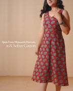 Jaipur Parade Hand Block Print Cotton Midi Dress (Sleeveless) - Burnt Coral