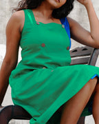 Elegant Two-Tone Glazed Cotton Dress with Square Neck & Wooden Buttons - Frozen Aqua