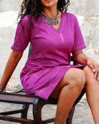 Classic V-Neck Cotton Midi Dress with Pockets - Rose Blush