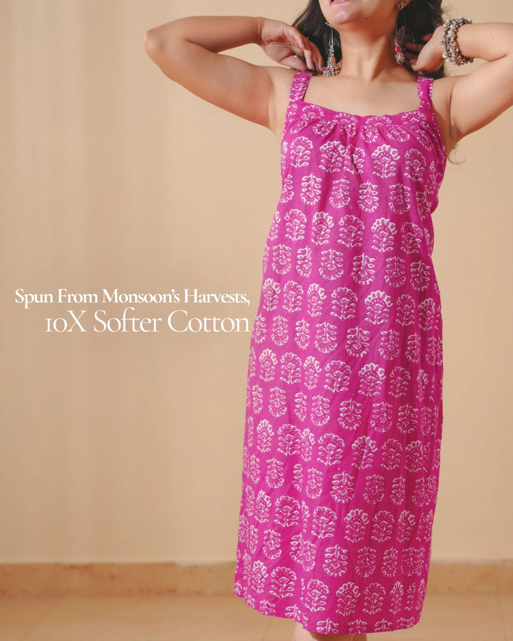 Boho Breeze Block Print Cotton Midi Dress - Mystic Magenta