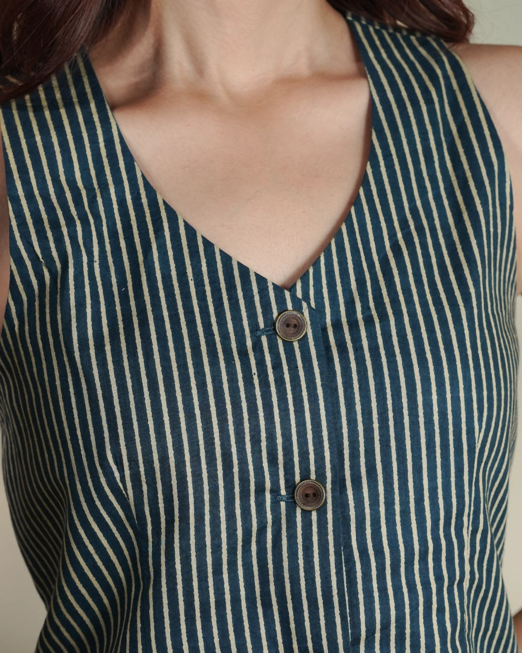 Pure Cotton Striped Indie Vest – Stonewashed Indigo
