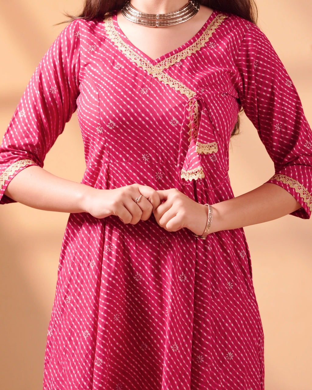 Pure Cotton Leheriya & Bandhani Kurti – Rose Raga
