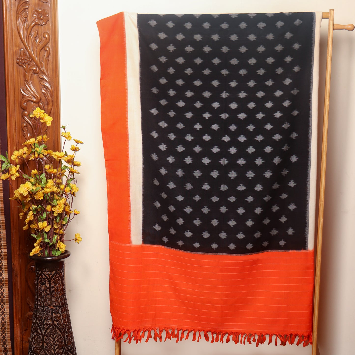 Orange and Black Pochampally Ikat Cotton Dupatta with Tassels