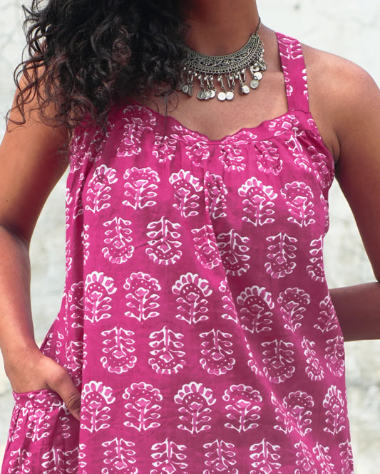 Boho Breeze Block Print Cotton Midi Dress - Mystic Magenta