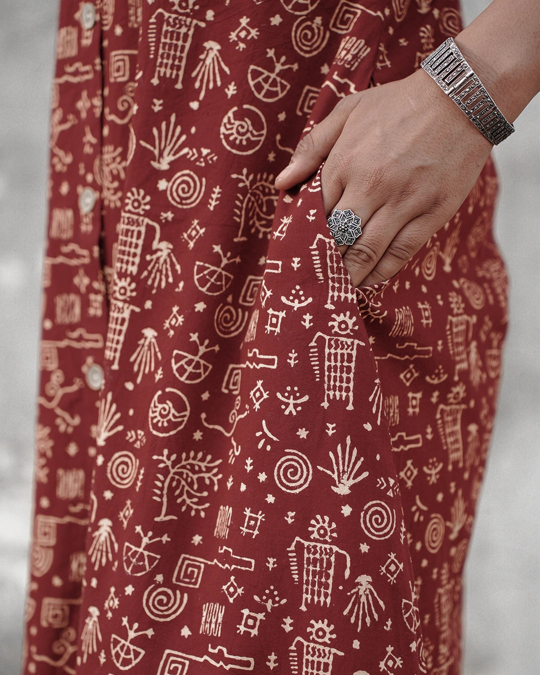 Pure Cotton Worli Art Midi Dress with Pockets - Terracotta Rouge