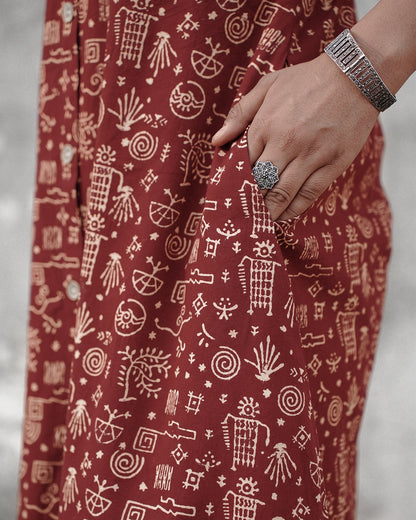 Pure Cotton Worli Art Midi Dress with Pockets - Terracotta Rouge