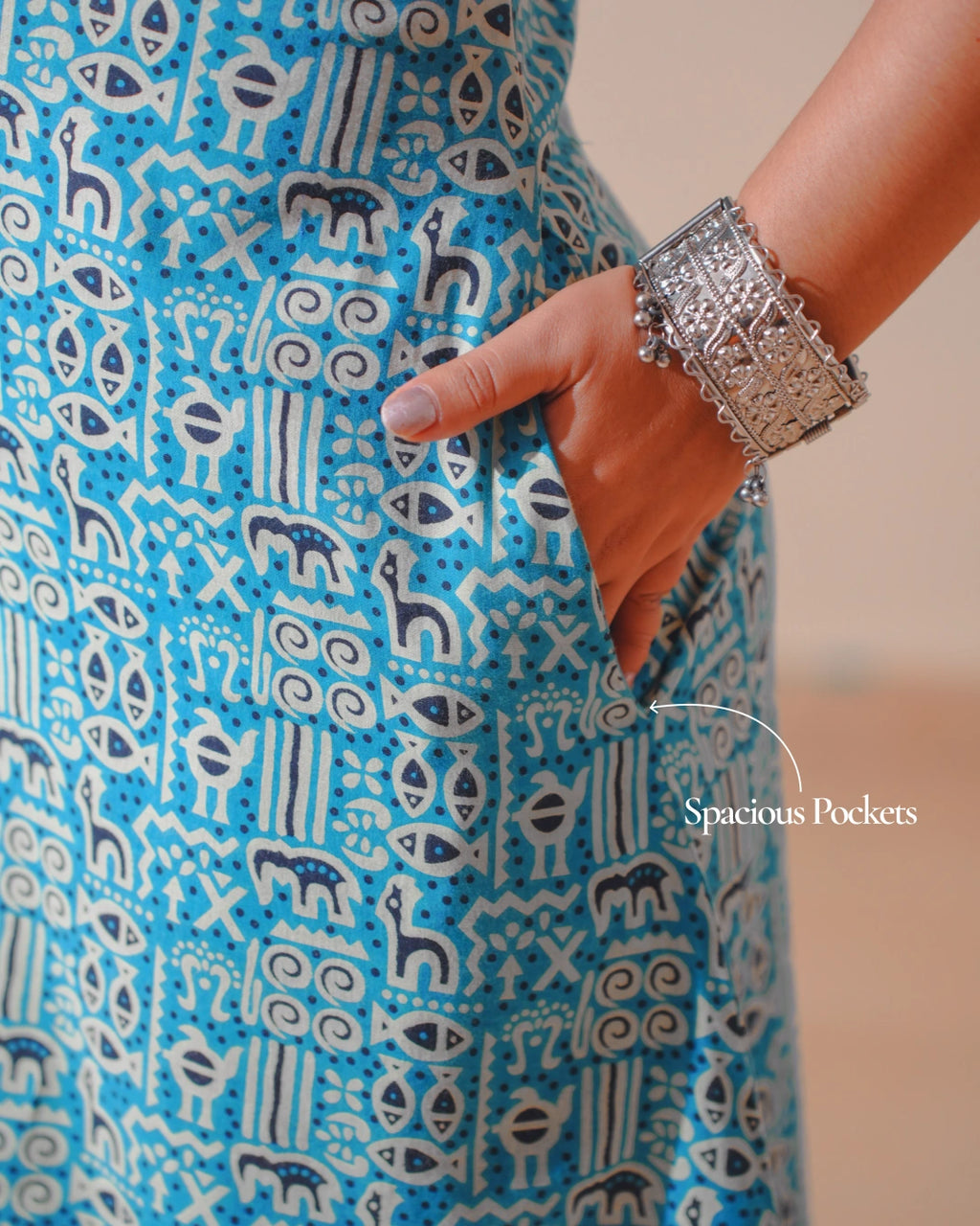 Pure Cotton Worli Art Midi Dress with Pockets - Blue Mirage