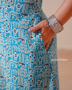Pure Cotton Worli Art Midi Dress with Pockets - Blue Mirage