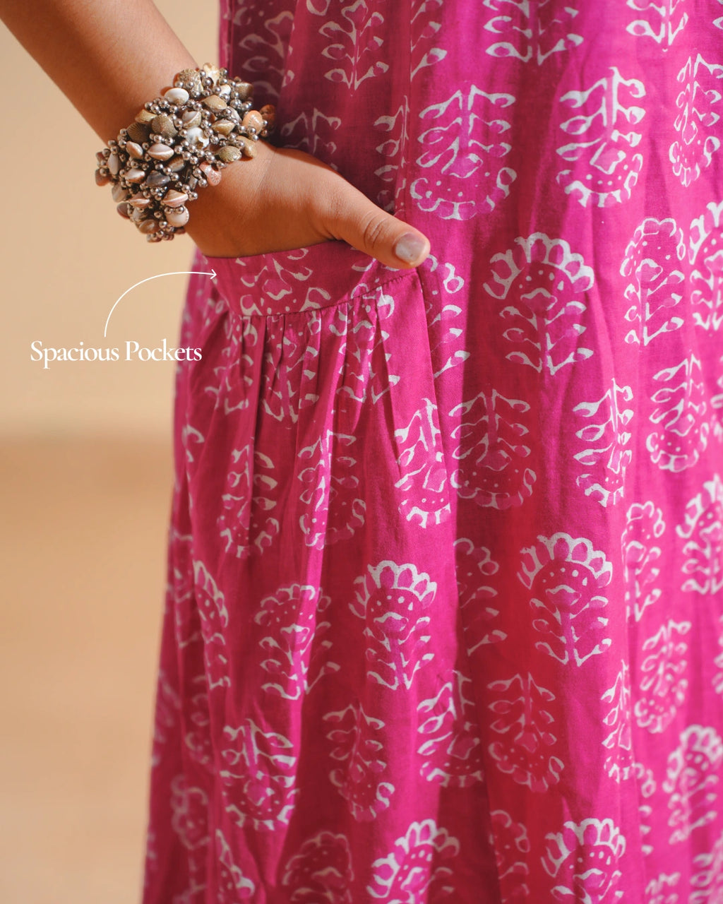 Boho Breeze Block Print Cotton Midi Dress - Mystic Magenta