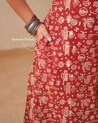 Pure Cotton Worli Art Midi Dress with Sleeves(Short sleeves) - Terracotta Rouge