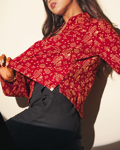 Artisan Touch Worli Print Cotton Blazer with Mandarin Neckline - Earthen Tapestry