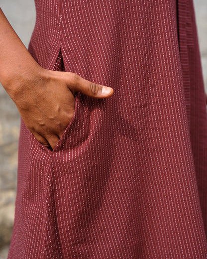 Vintage Kantha Cotton A-Line Dress with Tie-Up Bow - Rusted Garnet