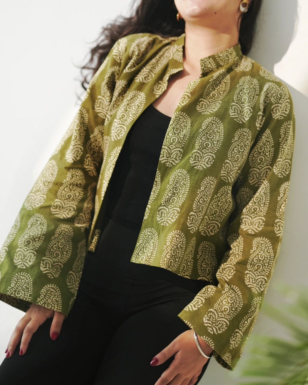 Pure Cotton Block Print Blazer With Elegant Mandarin Neck - Sagewood Moss
