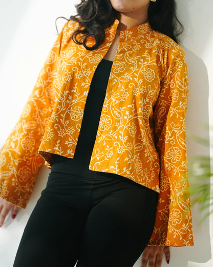 Sun-Kissed Mustard Block Print Cotton Blazer with Mandarin Neckline - Sunlit Orchid