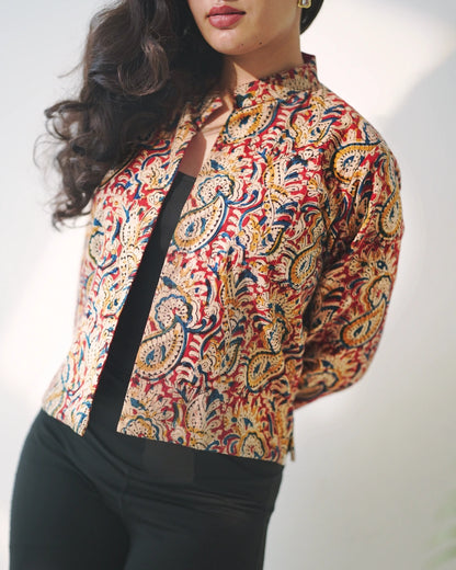 Regal Kalamkari Cotton Blazer Jacket with Mandarin Neck - Sundown Clay