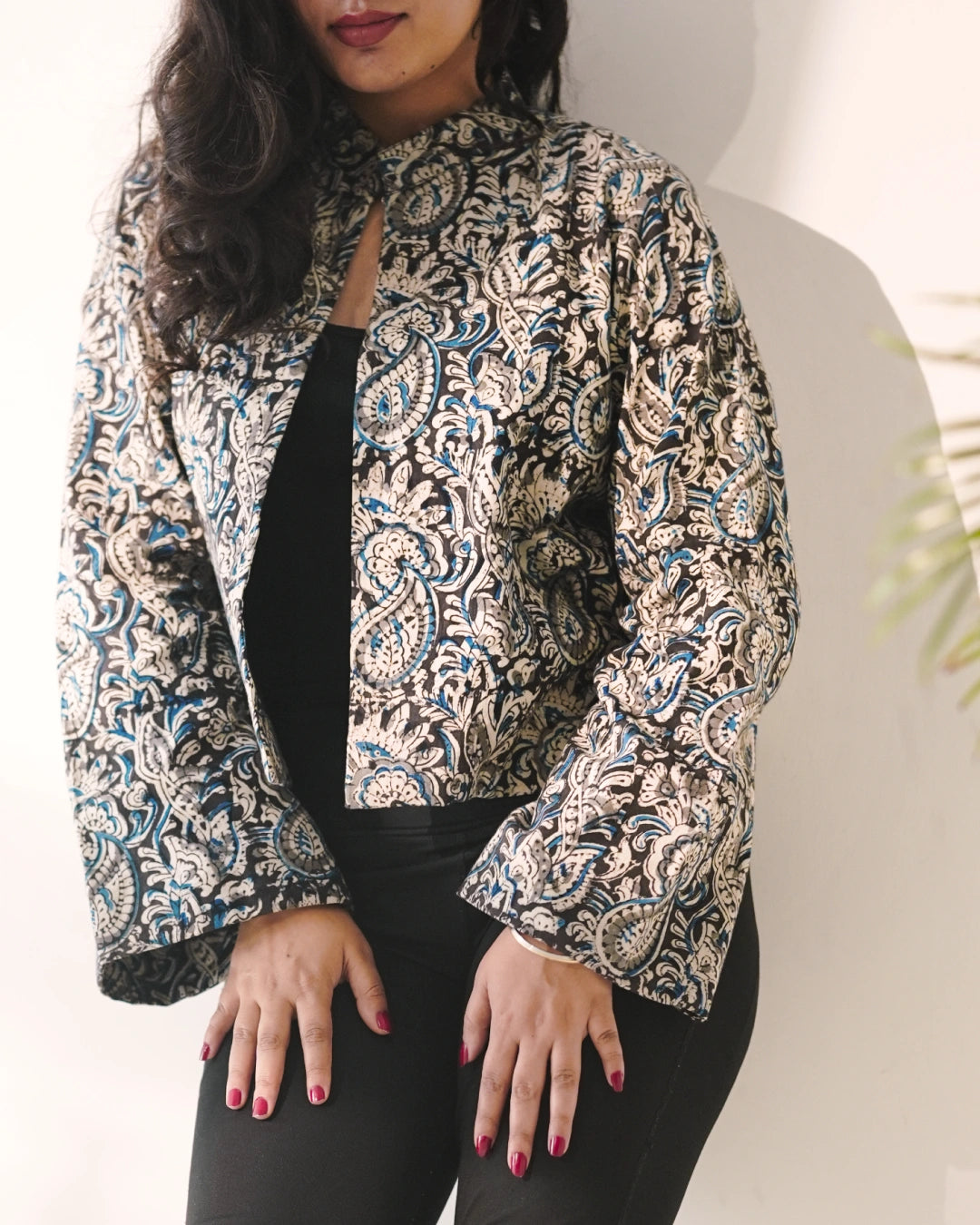 Indie-Chic Kalamkari Cotton Blazer with Mandarin Neckline - Ink and Ivory