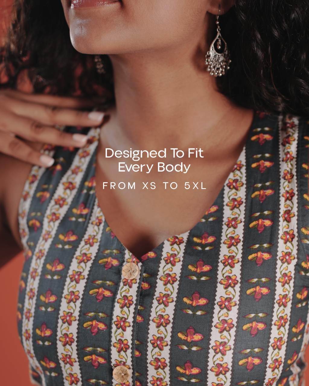 Marigold Trail Pure Cotton Block Print Midi Dress(Sleeveless) - Charcoal Petal