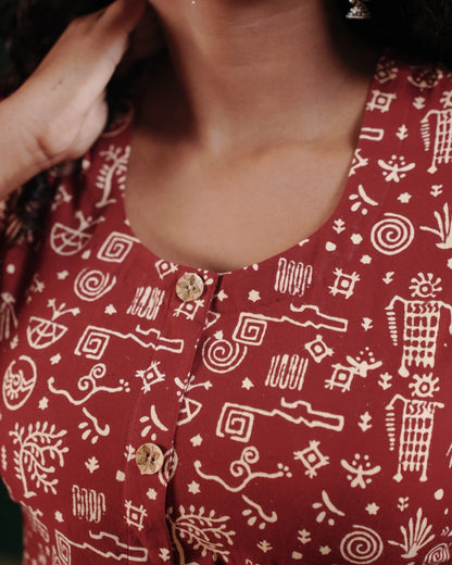 Pure Cotton Worli Art Midi Dress with Sleeves(Short sleeves) - Terracotta Rouge