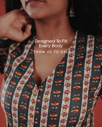 Marigold Trail Pure Cotton Block Print Midi Dress( Short Sleeves) - Charcoal Petal