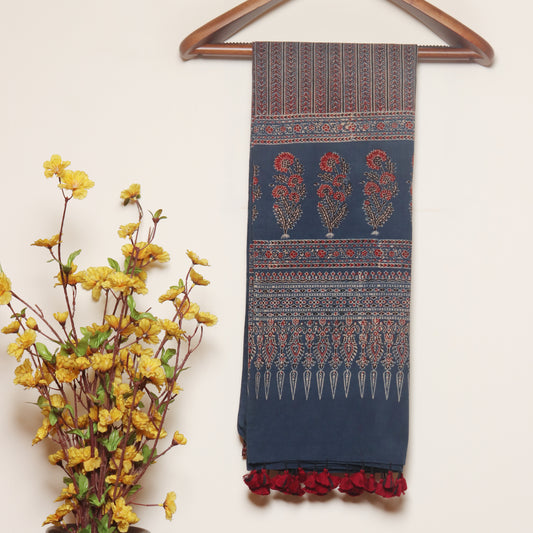 Navy Ajrakh Hand Block Printed Cotton Dupatta with Tassels