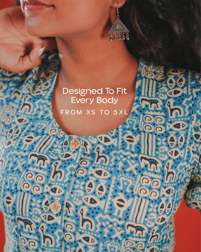 Pure Cotton Worli Art Midi Dress with Sleeves(Short sleeves) - Blue Mirage
