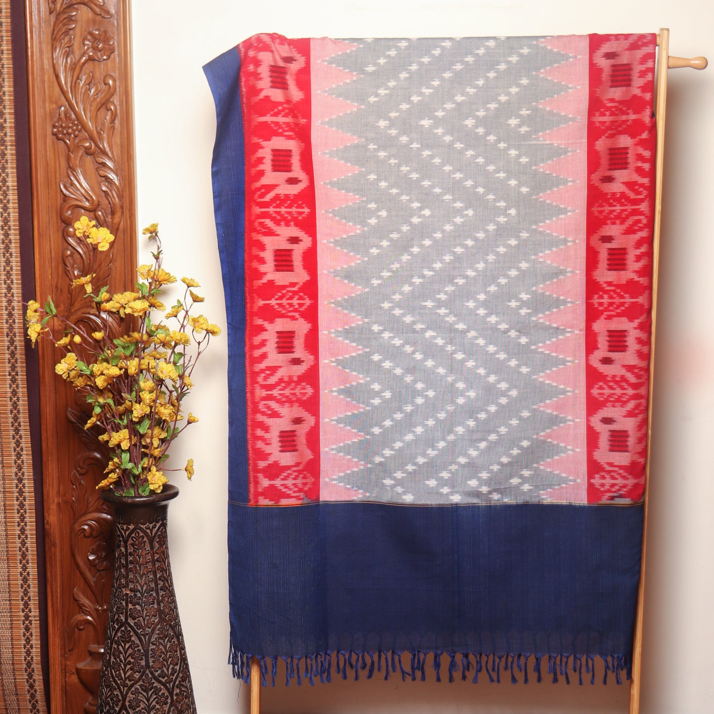 Pochampally Ikat Cotton Dupatta with Elephant Motifs and Tassels